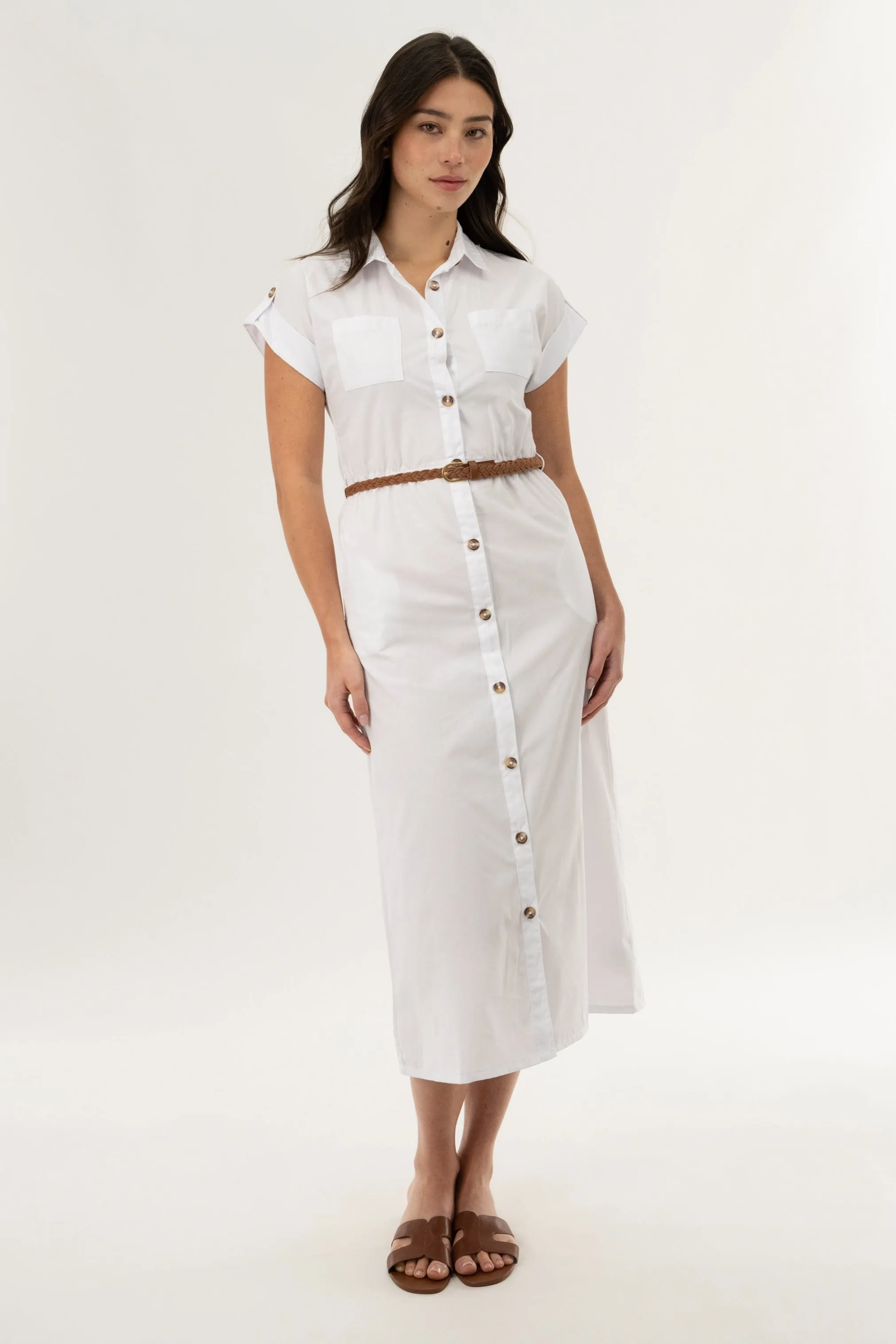Belted Button Up Midi Dress - White sold by Fairweather product image thumbnail 5