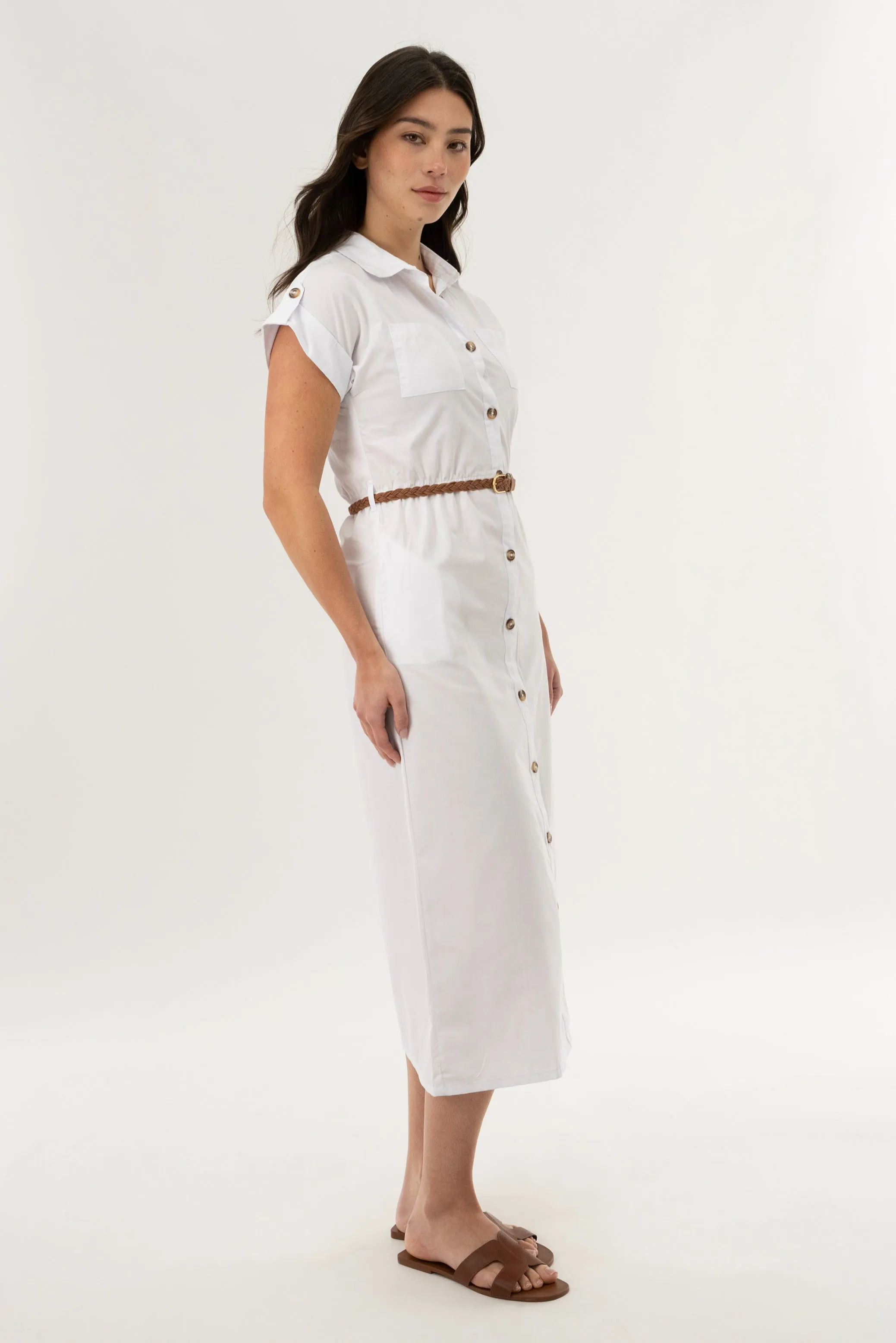 Belted Button Up Midi Dress - White sold by Fairweather product image thumbnail 2