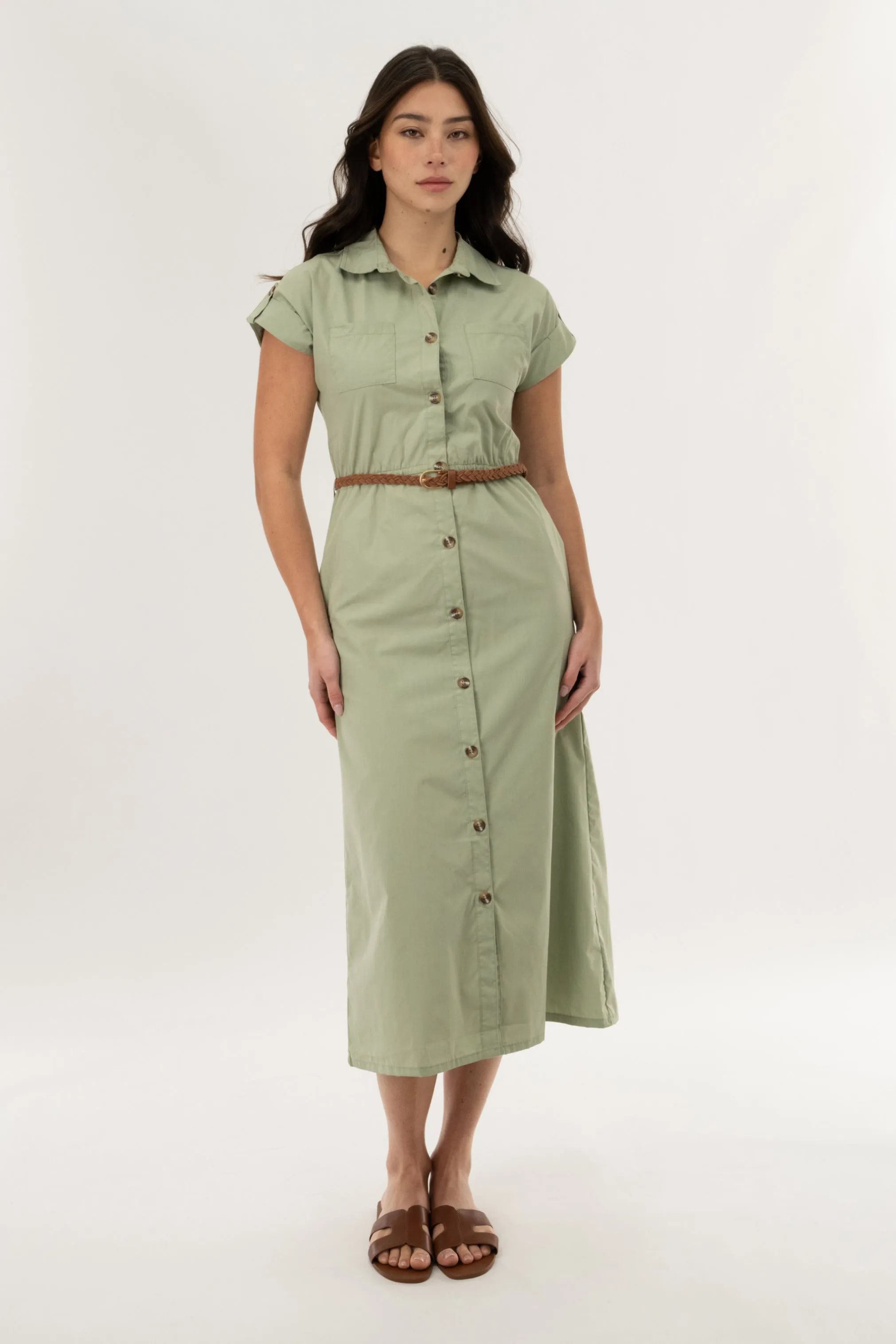 Belted Button Up Midi Dress - Olive sold by Fairweather