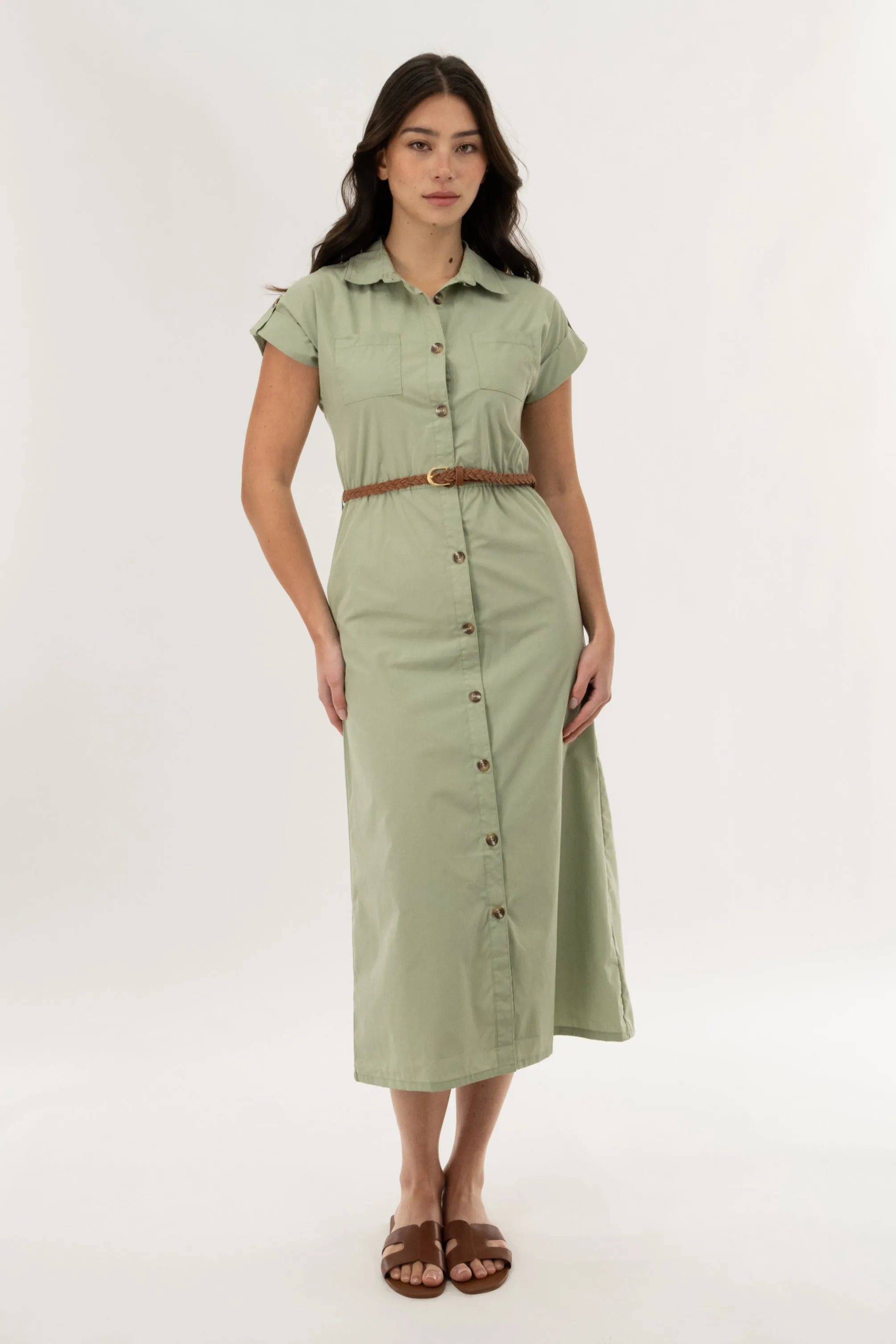 Belted Button Up Midi Dress - Olive sold by Fairweather product image thumbnail 5
