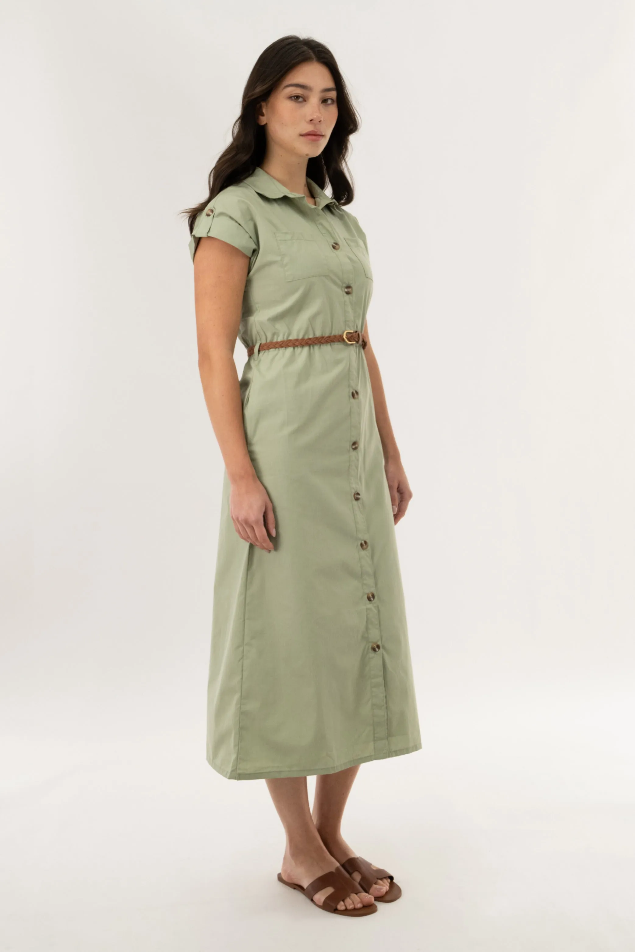 Belted Button Up Midi Dress - Olive sold by Fairweather product image thumbnail 2