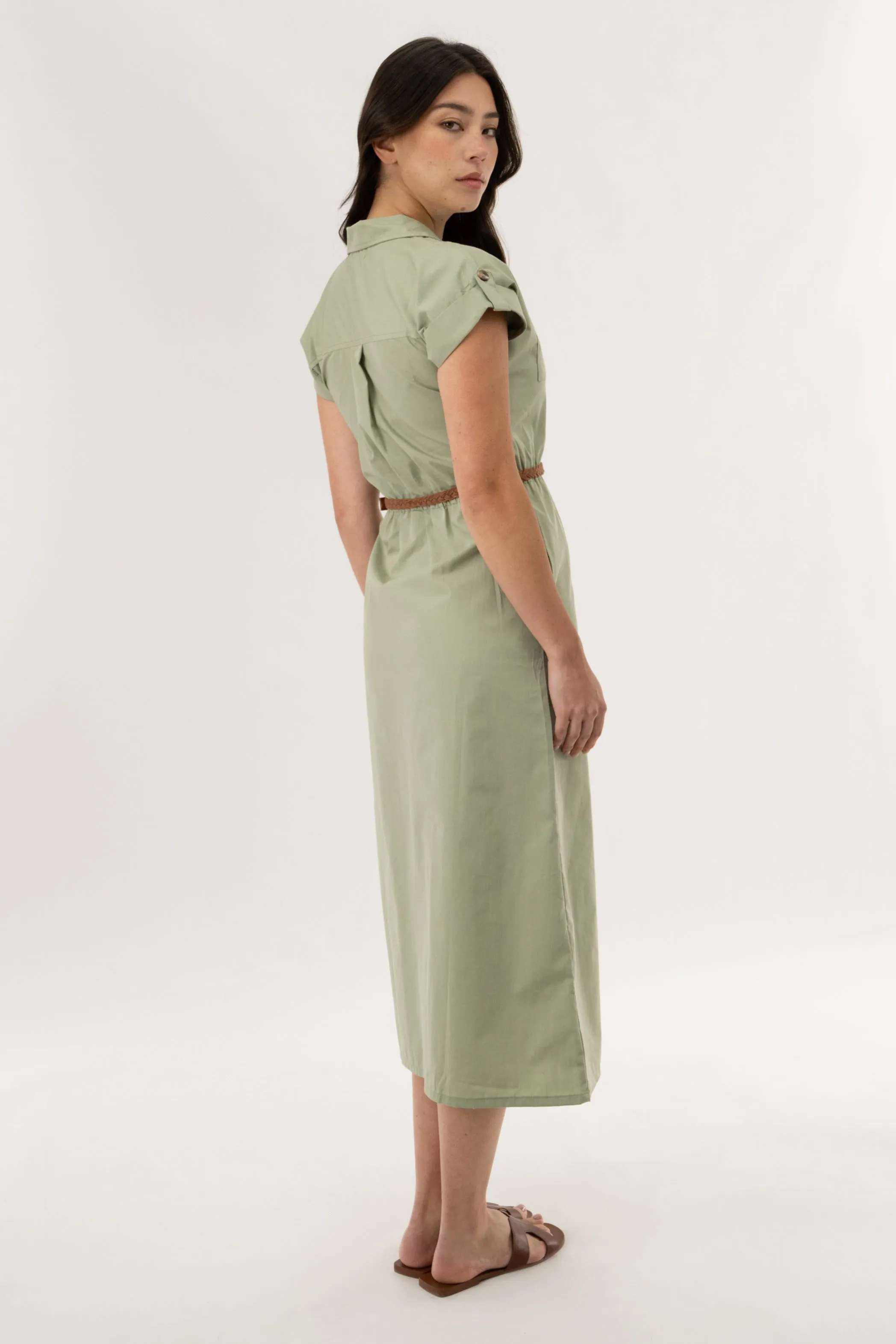 Belted Button Up Midi Dress - Olive sold by Fairweather product image thumbnail 3