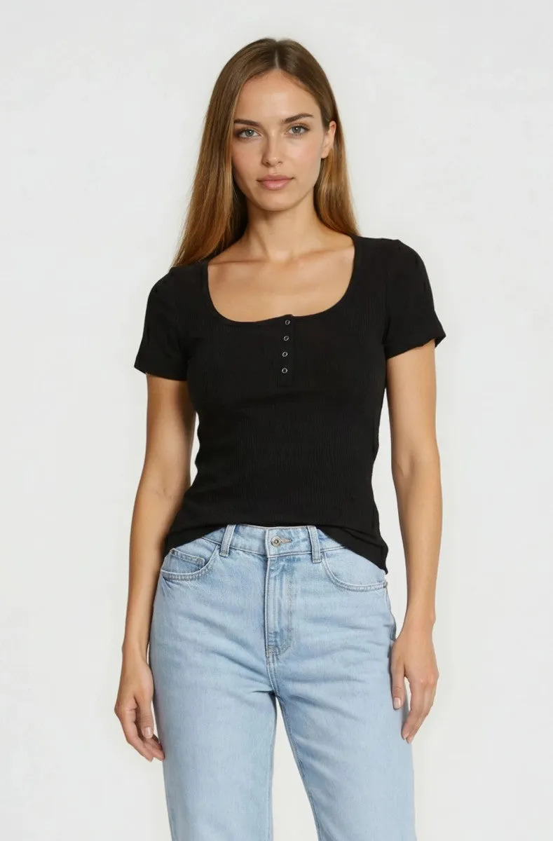 Square Neck Henley Top - Black sold by Fairweather