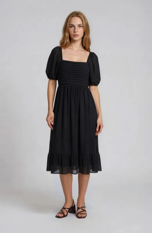 Pleated Puff Sleeve Dress - Navy made by Fairweather
