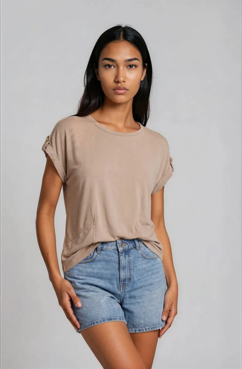Short Sleeve Crew Neck Top - Taupe sold by Fairweather