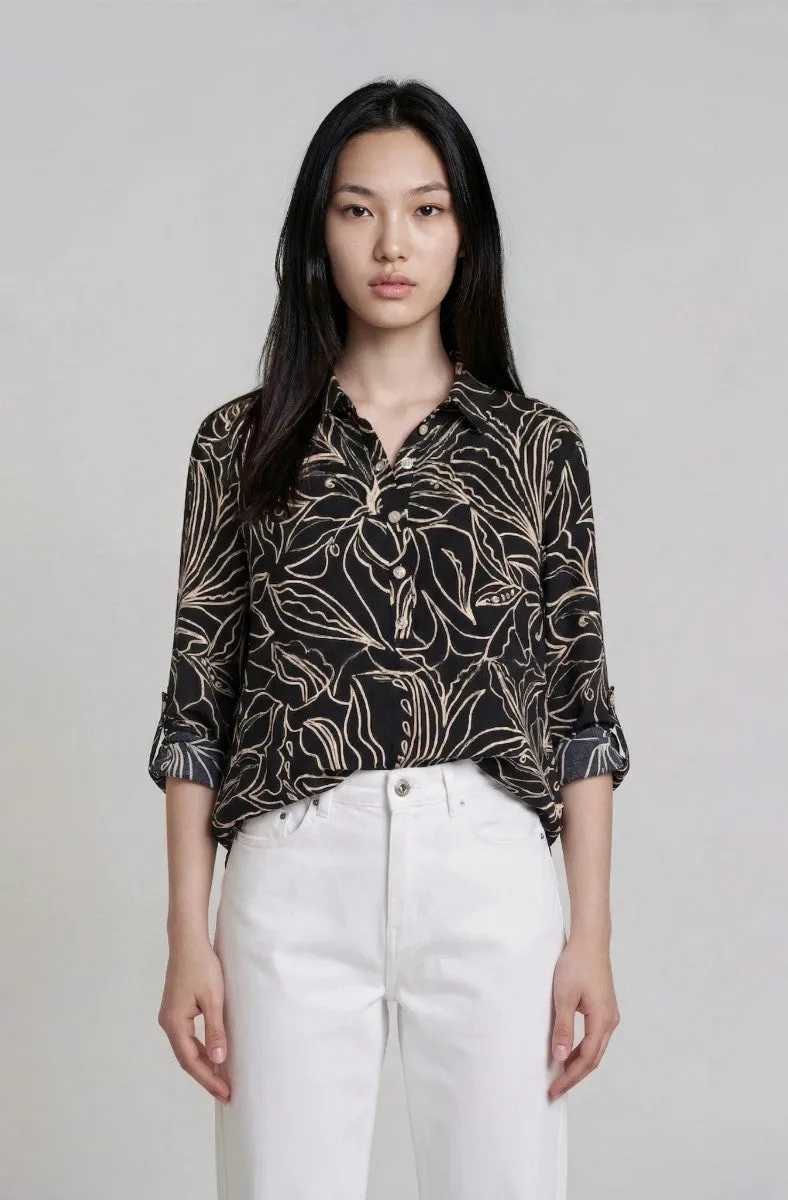 Roll Up Sleeve Printed Blouse - Black sold by Fairweather