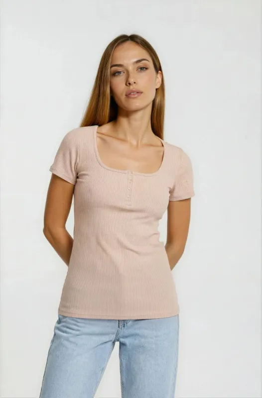 Square Neck Henley Top - Taupe made by Fairweather