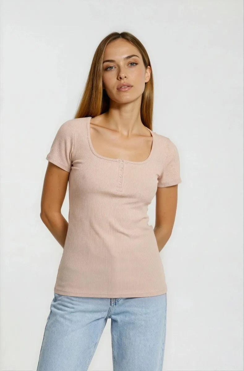 Square Neck Henley Top - Taupe sold by Fairweather