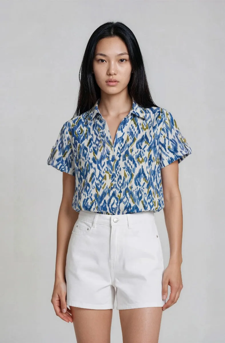 V Neck Collared Top - Blue sold by Fairweather