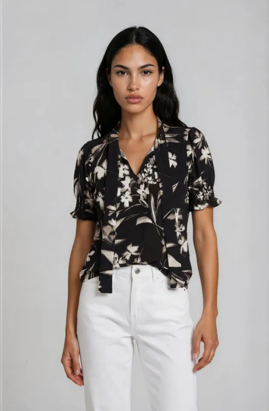 Tie Front Neck Top - Black made by Fairweather