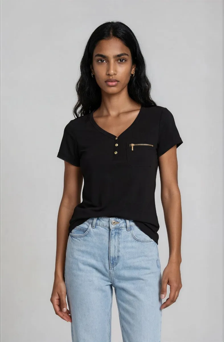 Short Sleeve Zip Henley - Black sold by Fairweather