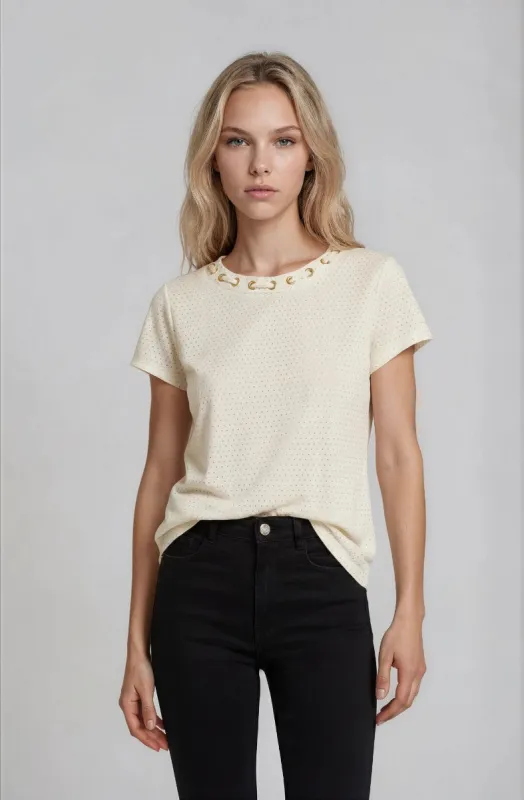 Short Sleeve Top with Grommets - Cream made by Fairweather
