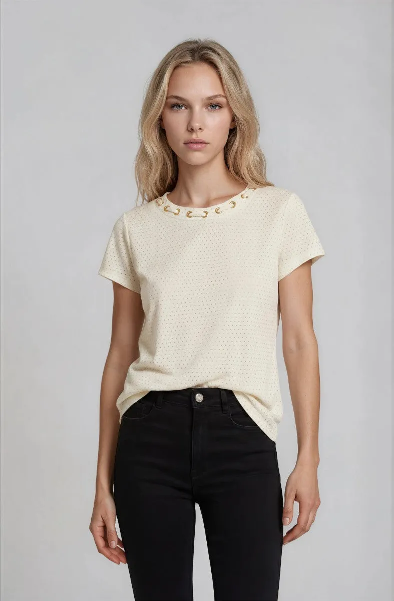 Short Sleeve Top with Grommets - Cream sold by Fairweather