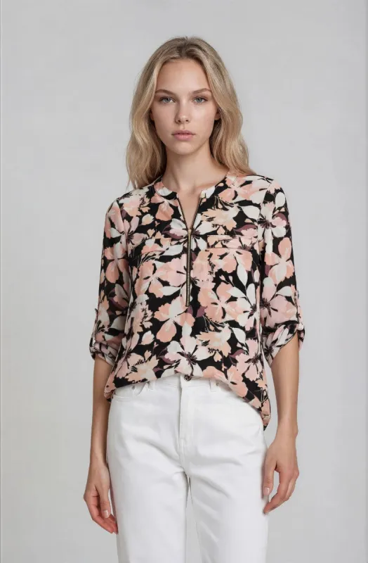 Half Zip Printed Blouse - Black made by Fairweather