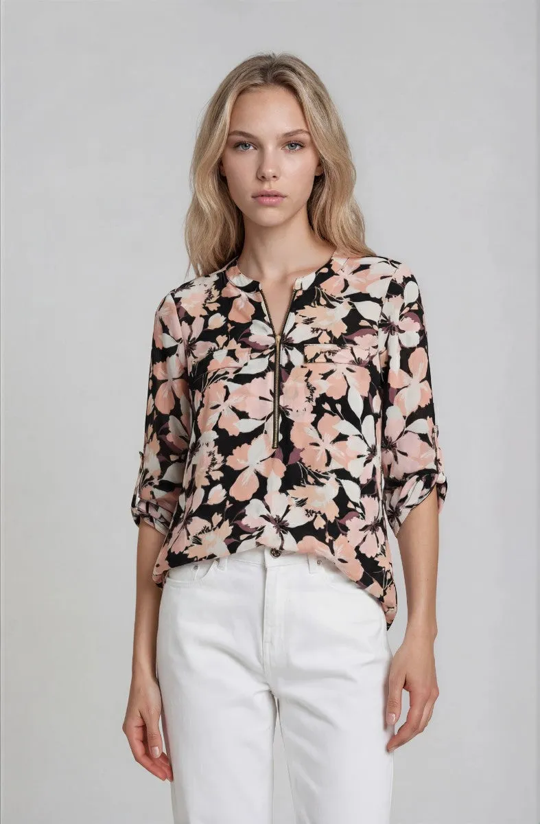 Half Zip Printed Blouse - Black sold by Fairweather