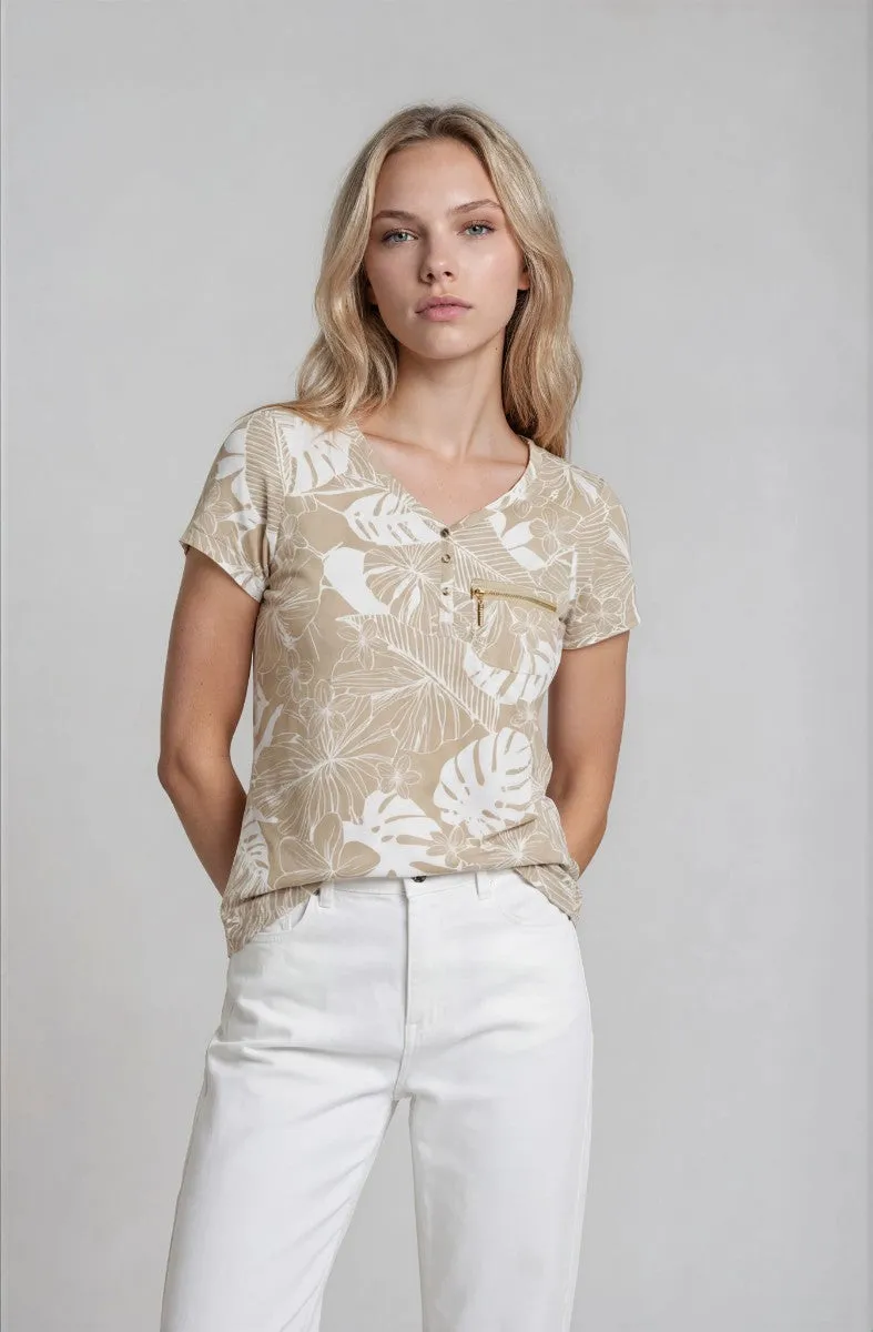 Short Sleeve Zip Henley - Beige sold by Fairweather