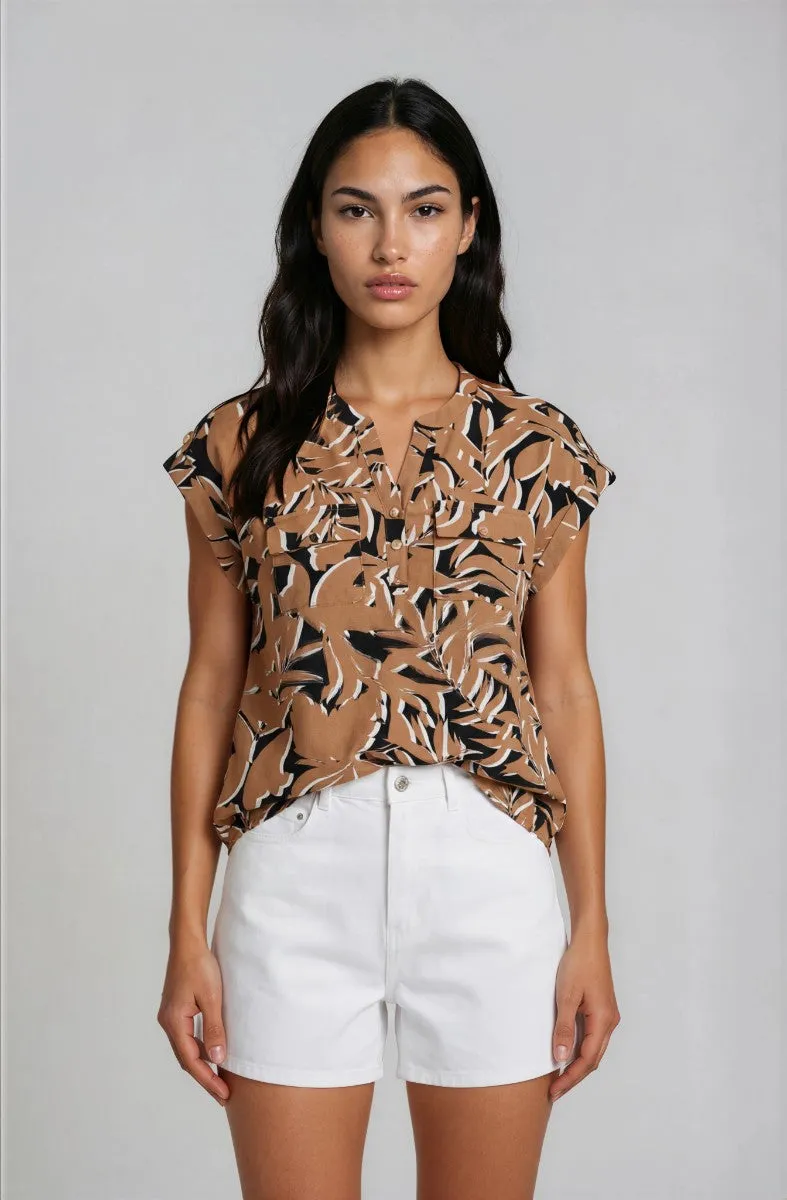 Cap-Sleeve Top with Front Pockets - Brown sold by Fairweather