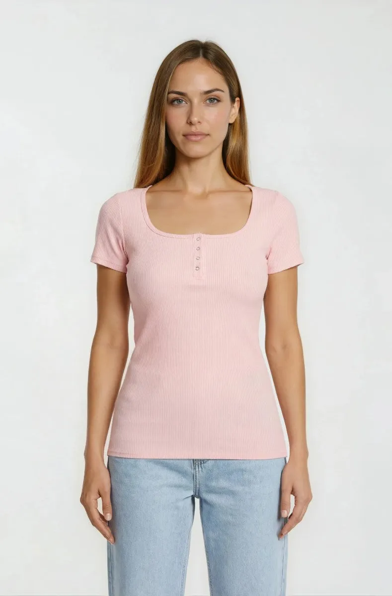 Square Neck Henley Top - Pink sold by Fairweather