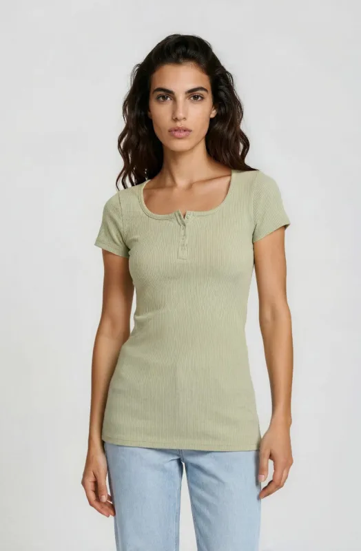 Square Neck Henley Top - Olive made by Fairweather