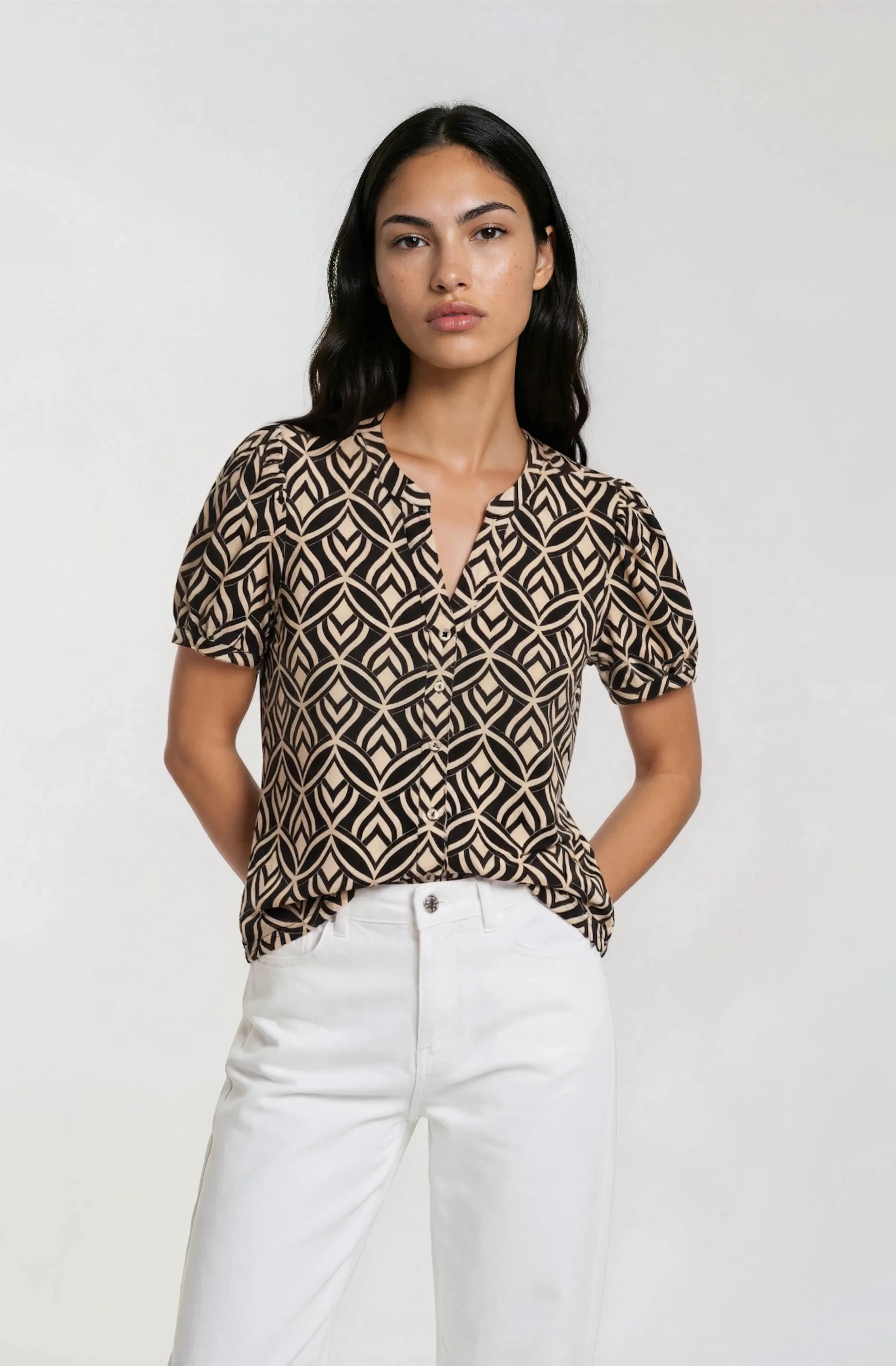 Short Sleeve Button Down Top - Black sold by Fairweather