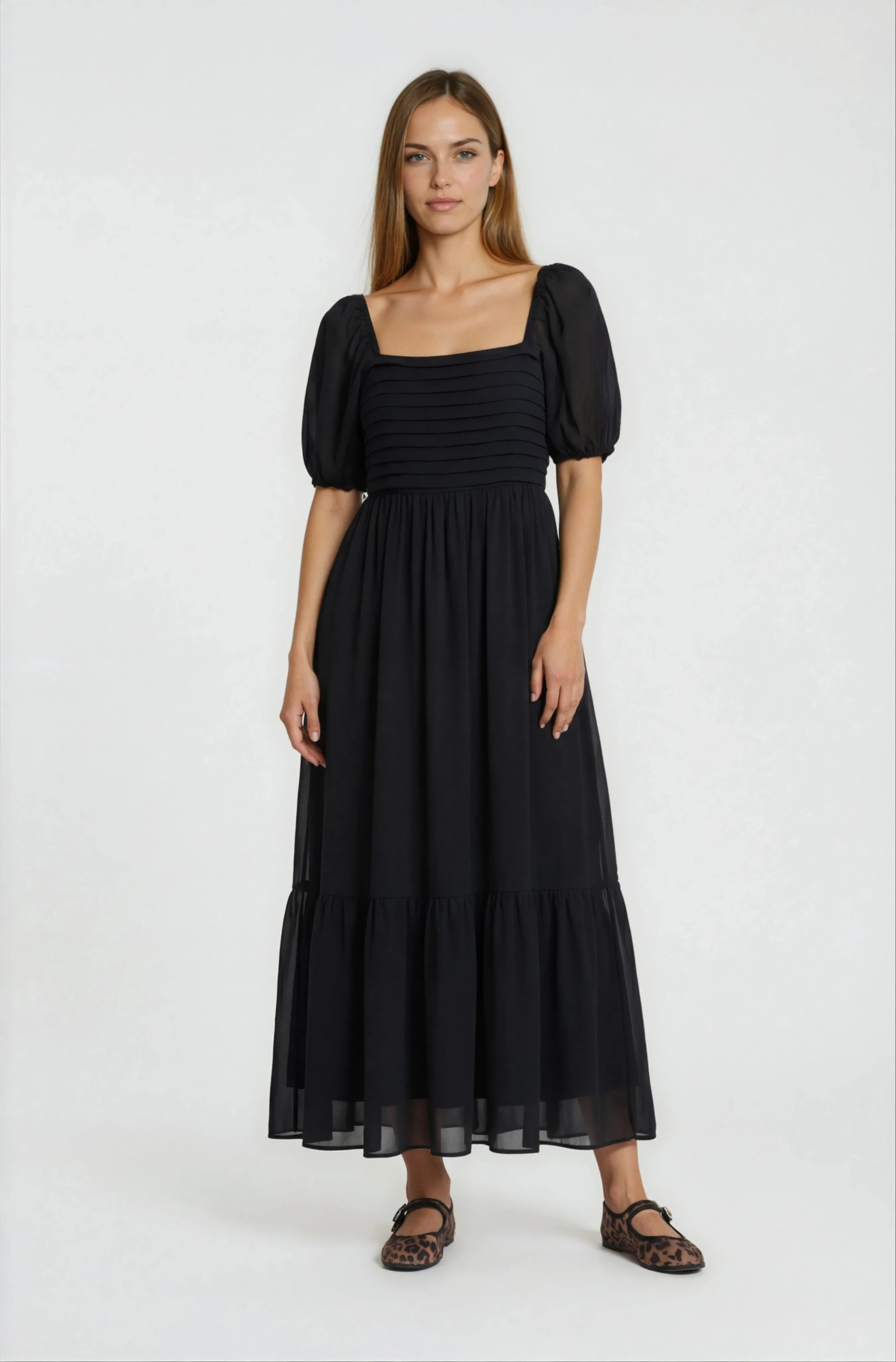 Pleated Puff Sleeve Dress - Black sold by Fairweather