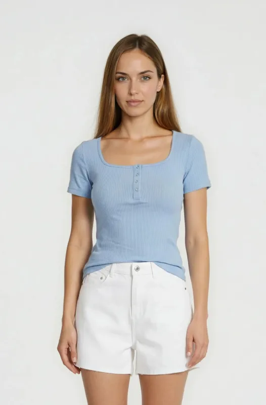 Square Neck Henley Top - Blue made by Fairweather