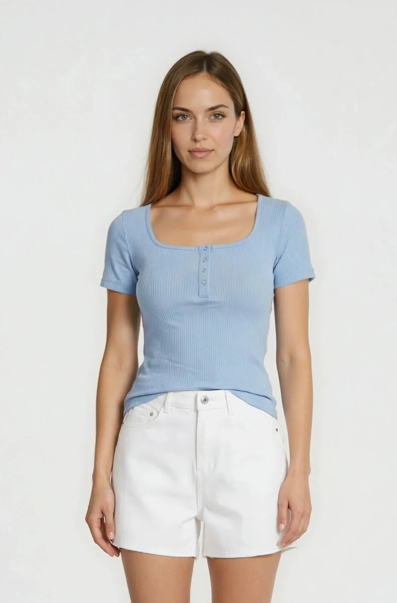 Square Neck Henley Top - Blue sold by Fairweather