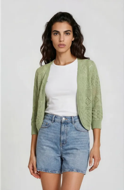 3/4 Sleeve Open Knit Shrug - Mint made by Fairweather