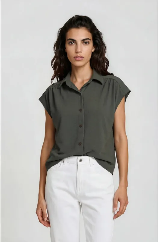 Cap Sleeve Button Down Shirt - Green made by Fairweather