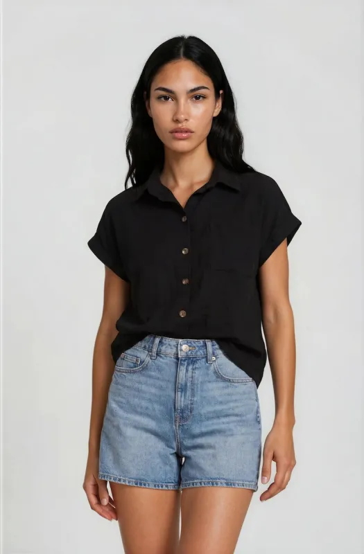 Short Sleeve Button Up Shirt - Black made by Fairweather