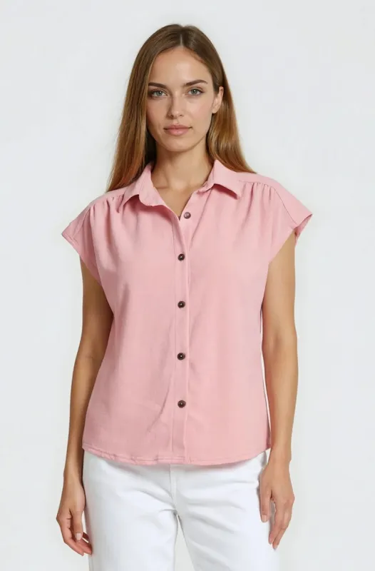 Cap Sleeve Button Down Shirt - Pink made by Fairweather