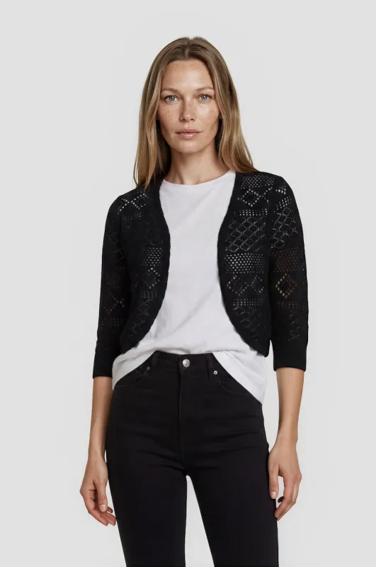 3/4 Sleeve Open Knit Shrug - Black made by Fairweather