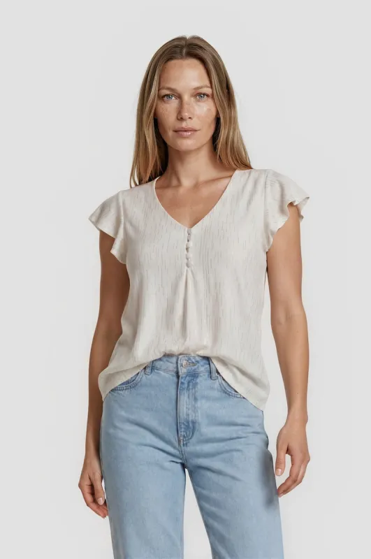 V Neck Frill Sleeve Top - Cream made by Fairweather