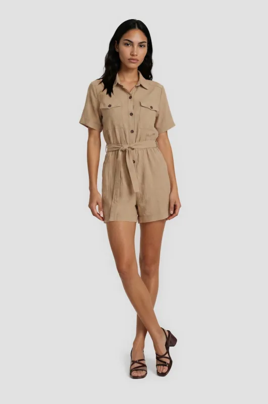 Short Sleeve Button Down Romper - Camel made by Fairweather