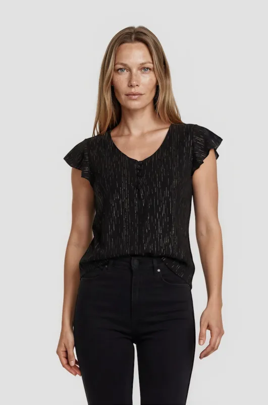 V Neck Frill Sleeve Top - Black made by Fairweather
