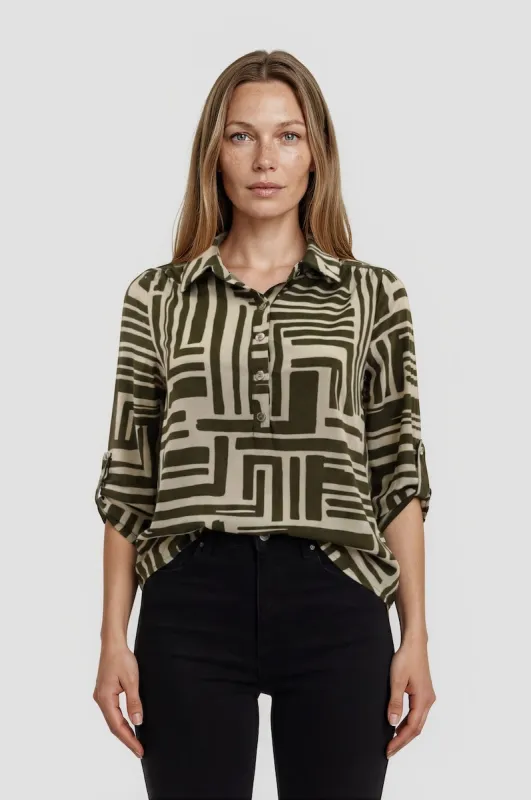 Printed Roll Up Sleeve Blouse - Olive made by Fairweather