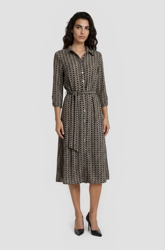Printed Tie Waist Midi Dress - Black made by Fairweather