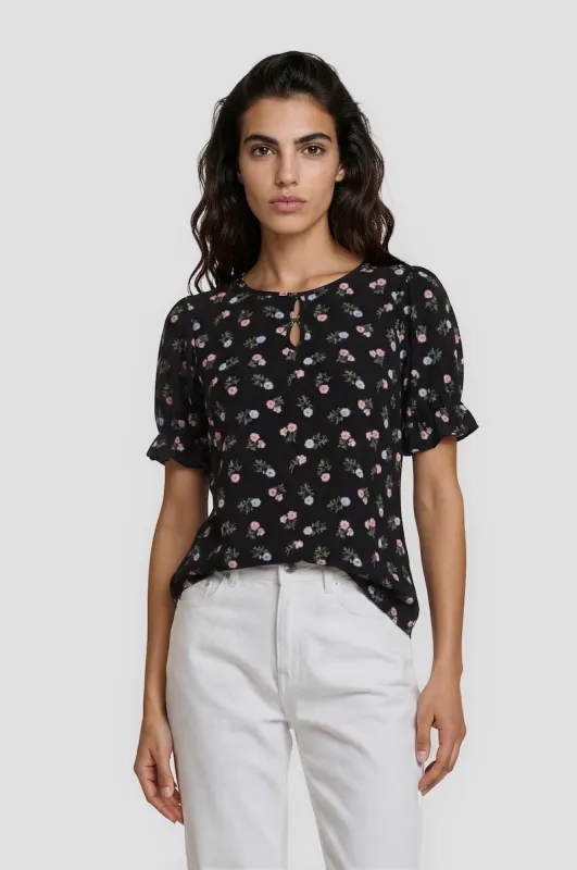 Puff Sleeve Keyhole Neck Top - Black made by Fairweather