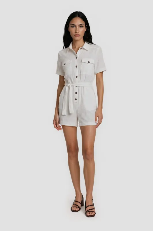 Short Sleeve Button Down Romper - White made by Fairweather