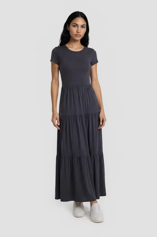Short Sleeve Tiered Maxi Dress - Grey made by Costa Blanca