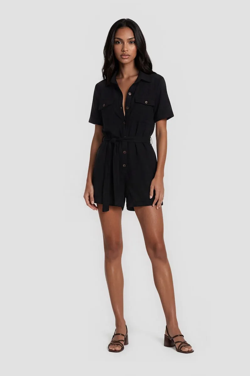 Short Sleeve Button Down Romper - Black sold by Fairweather