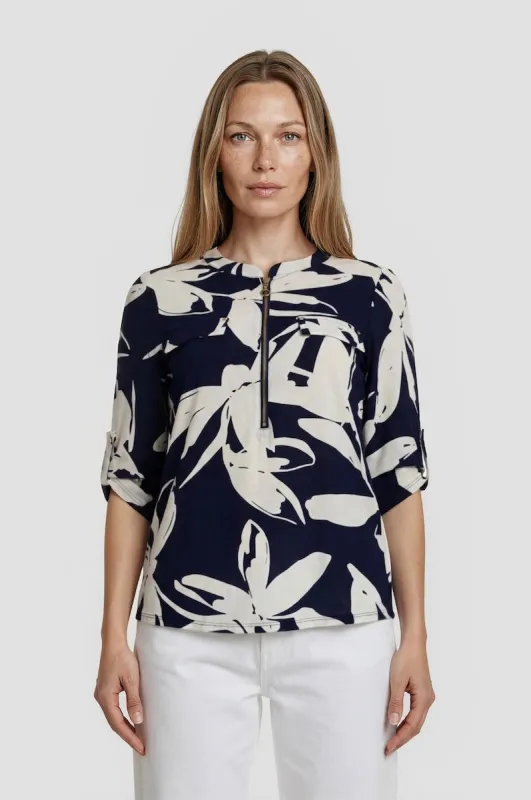 Half Zip Roll Up Sleeve Blouse - Navy made by Fairweather