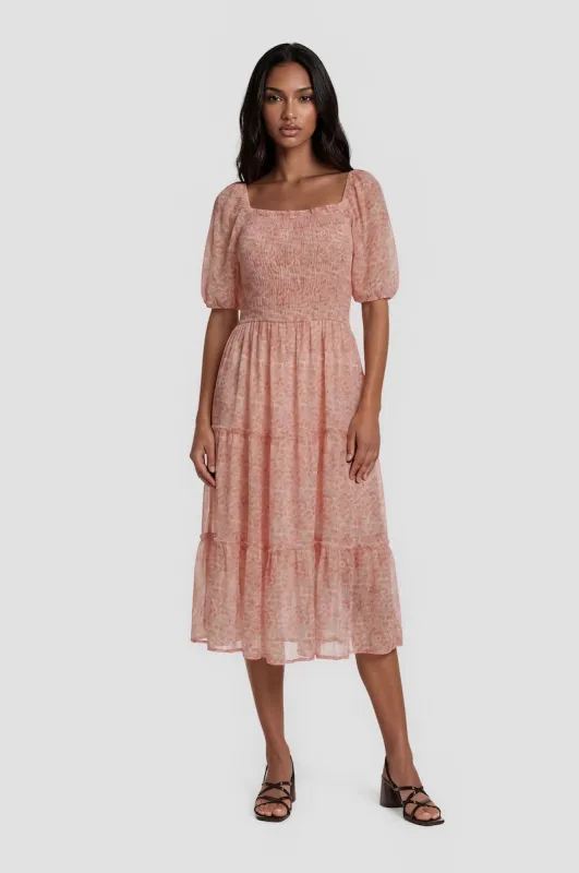 Puff Sleeve Smocked Midi Dress - Coral made by Fairweather
