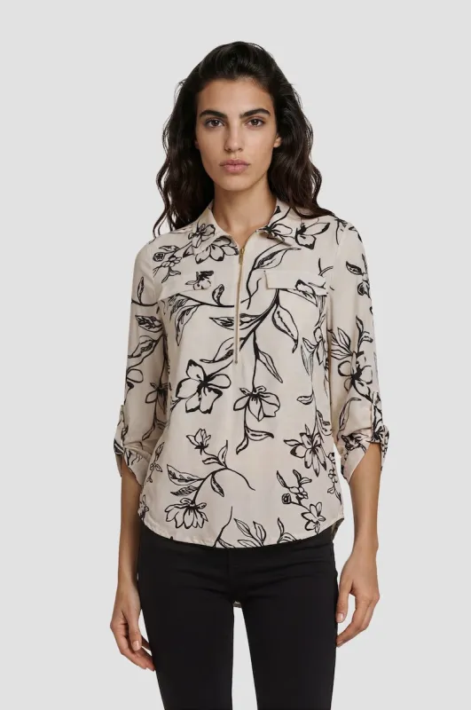 Half Zip Printed Shirt - Cream made by Fairweather
