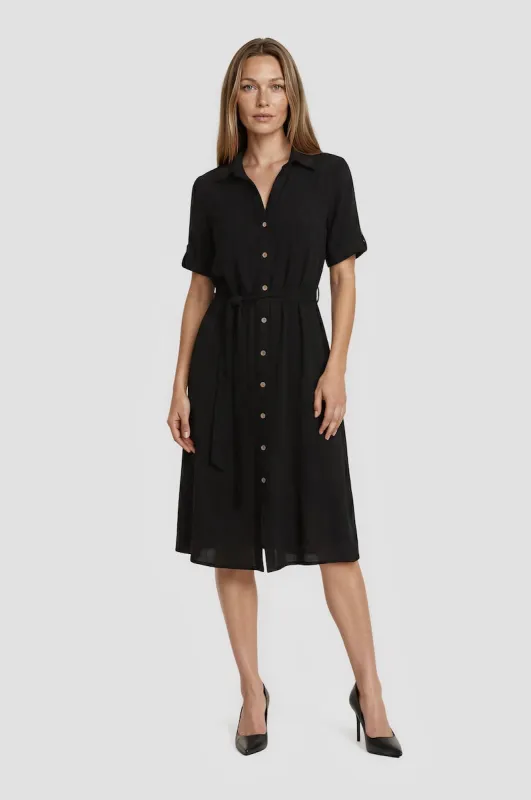 Short Sleeve Button Up Midi Dress - Black made by Costa Blanca