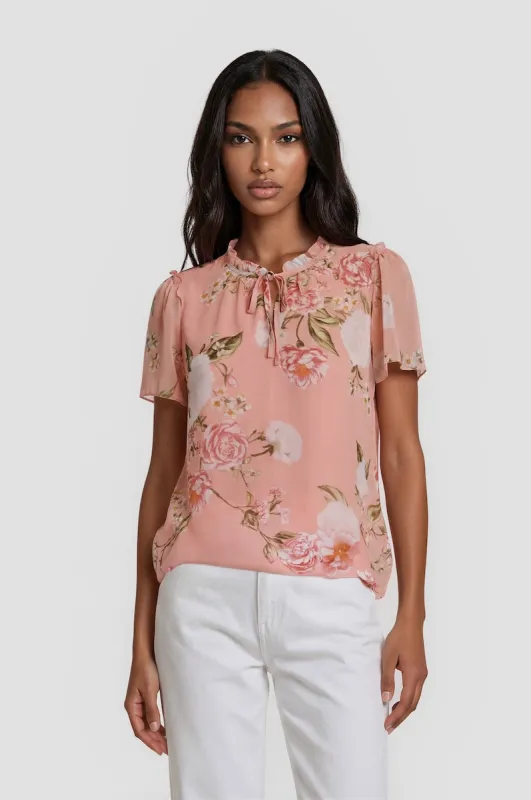 Short Sleeve Ruffle Neck Top - Pink made by Costa Blanca