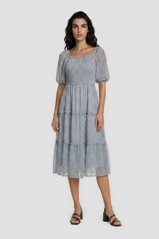 Puff Sleeve Smocked Midi Dress - Blue made by Fairweather
