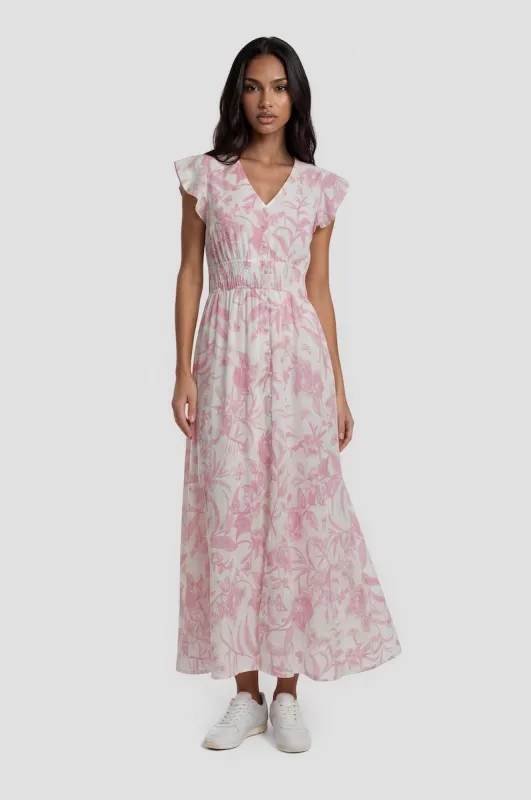 V Neck Cinched Waist Maxi Dress - Pink made by Costa Blanca