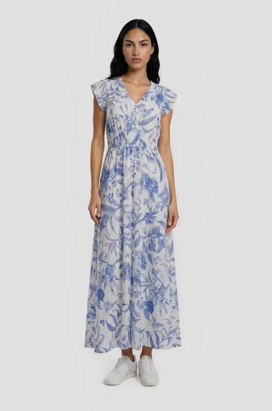 V Neck Cinched Waist Maxi Dress - Blue made by Costa Blanca