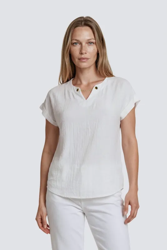 Short Sleeve Chain Neck Top - White made by Fairweather